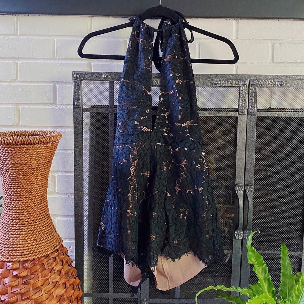 Lulu’s black lace backless halter romper